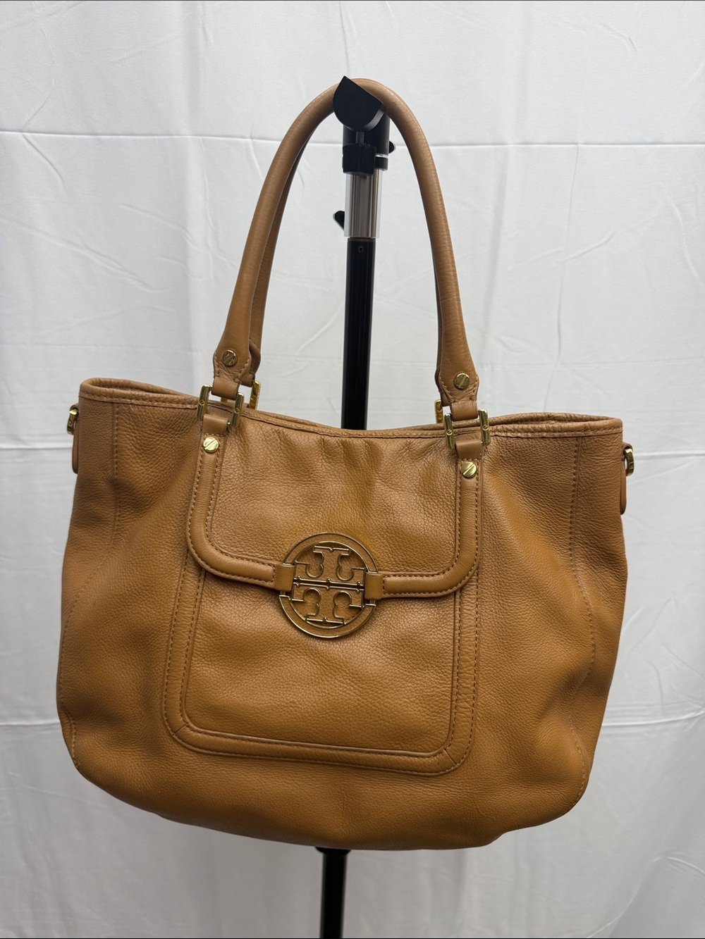 Tory Burch Cognac Pebbled Leather Shoulder Bag with Logo Medallion